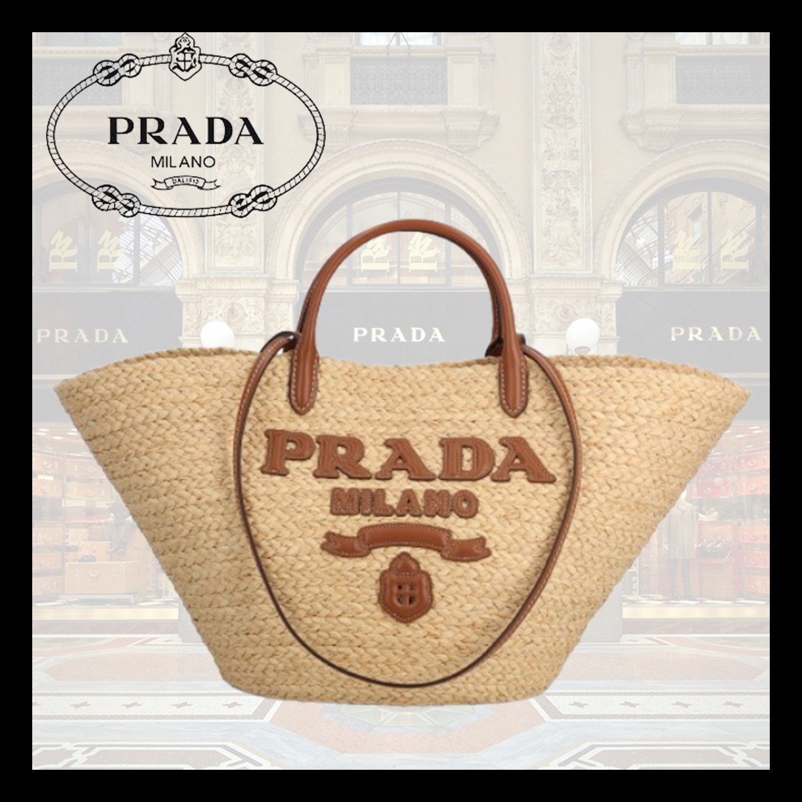【PRADA】ラージ ラフィア レザー トートバッグ