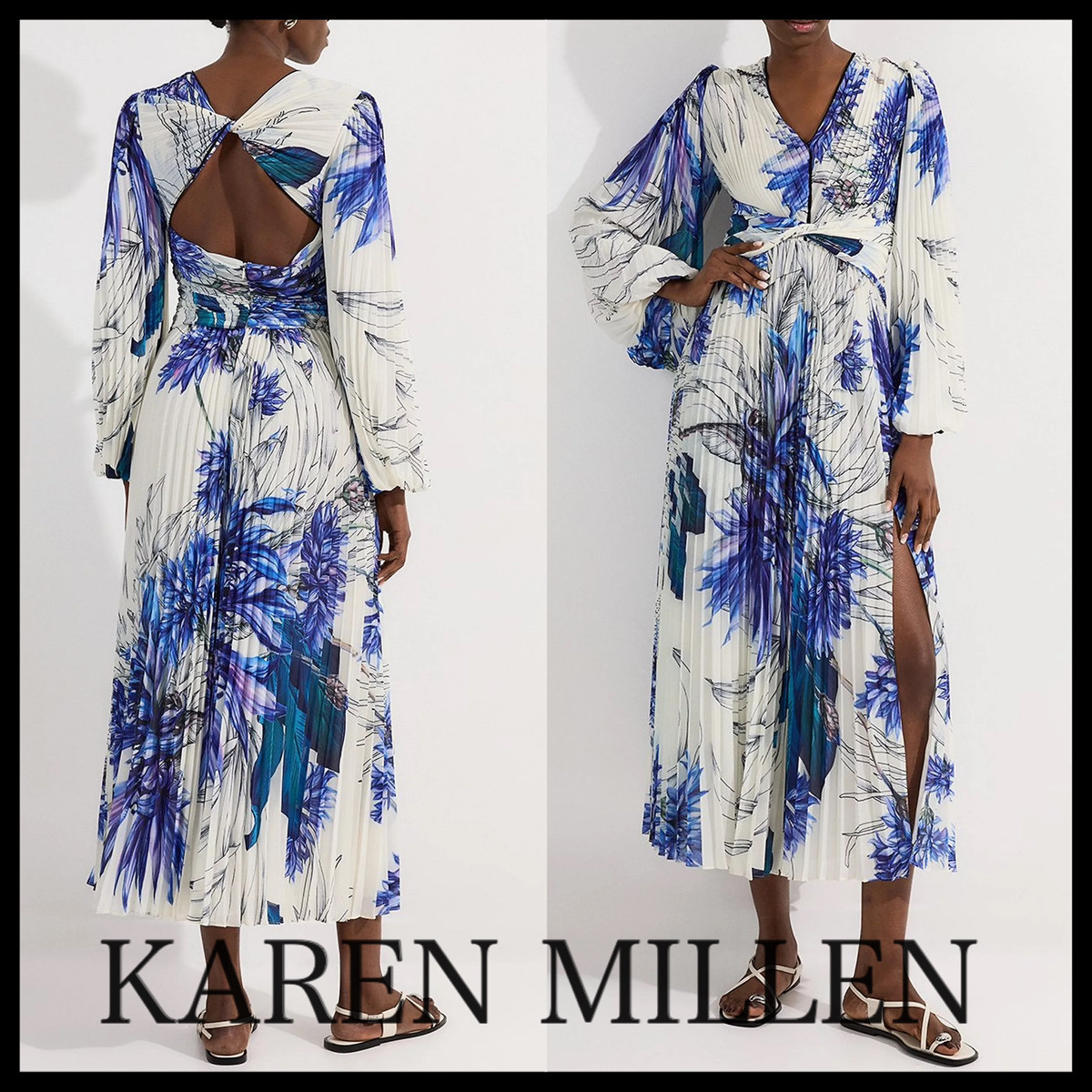 KAREN MILLEN*花柄バルーンスリーブプリーツカットアウトドレス