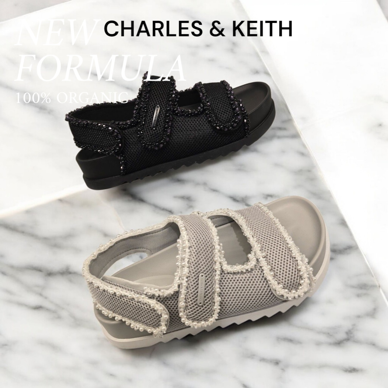 CHARLES&KEITH◆メッシュパールフラットフォームサンダル 送料込