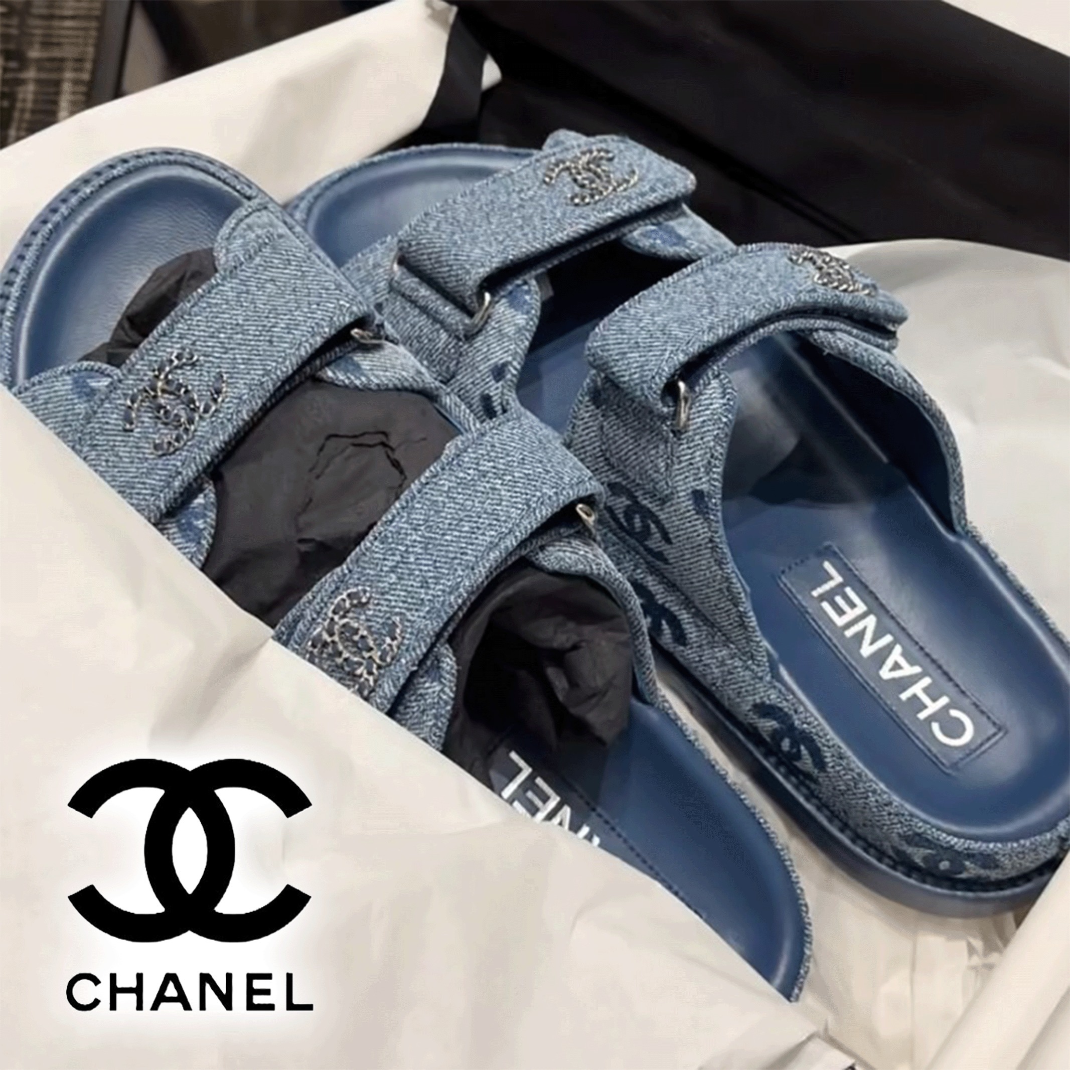 デニムでこなれ感UP♪【CHANEL】CCロゴ フラットサンダル