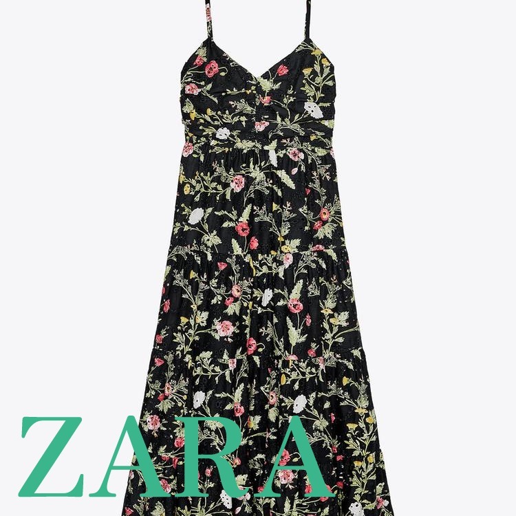 【ZARA】カットワーク刺繍入りプリント柄ミディ丈ワンピース