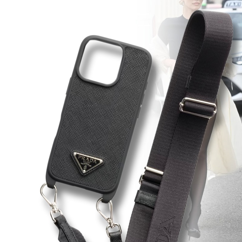 PRADA iphone16 Proケース サフィアーノレザー ストラップ ロゴ