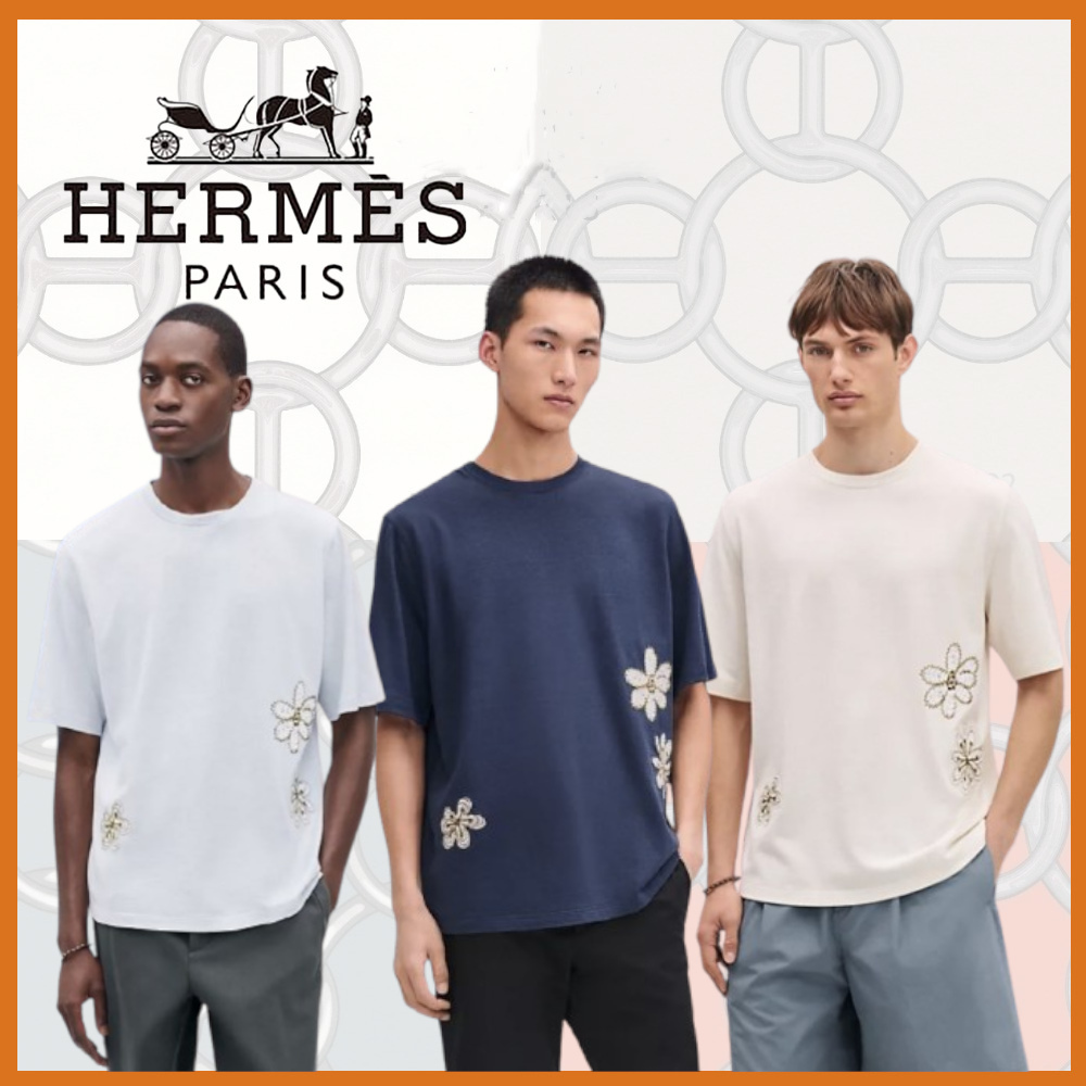 【ワンポイントの花刺繍☆】HERMES Fleurs zigzag Tシャツ