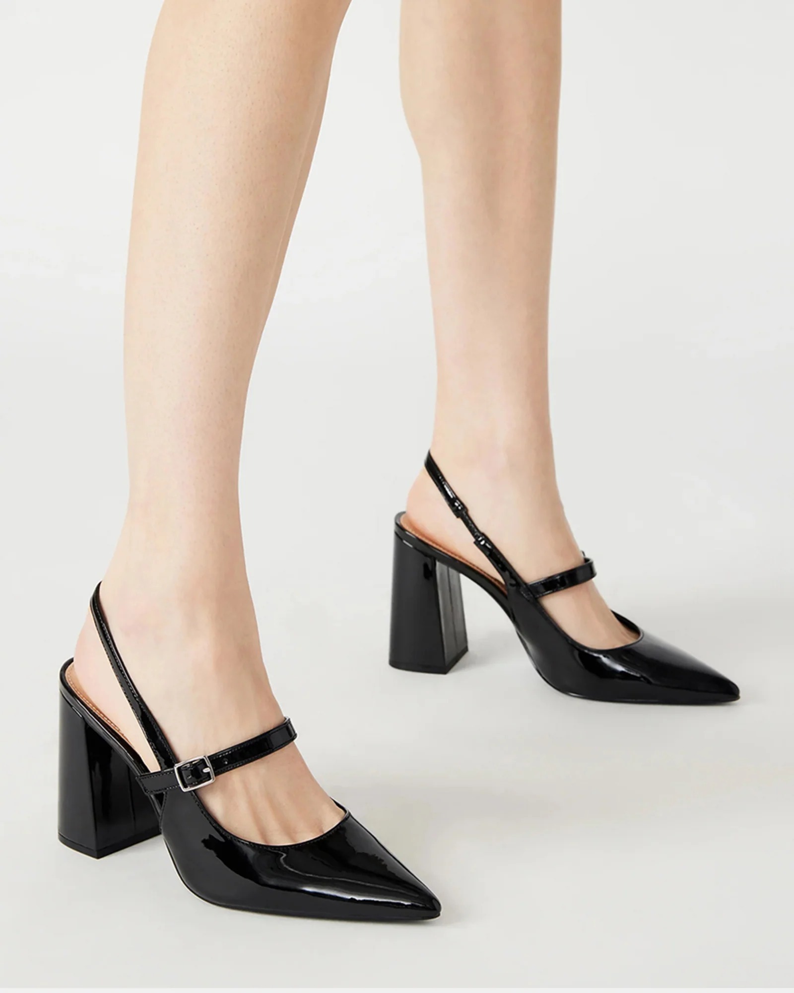 Steve Madden ブロックヒール スリングバック 光沢 エナメル 光沢エナメル【Steve Madden】スリングバック ブロックヒール