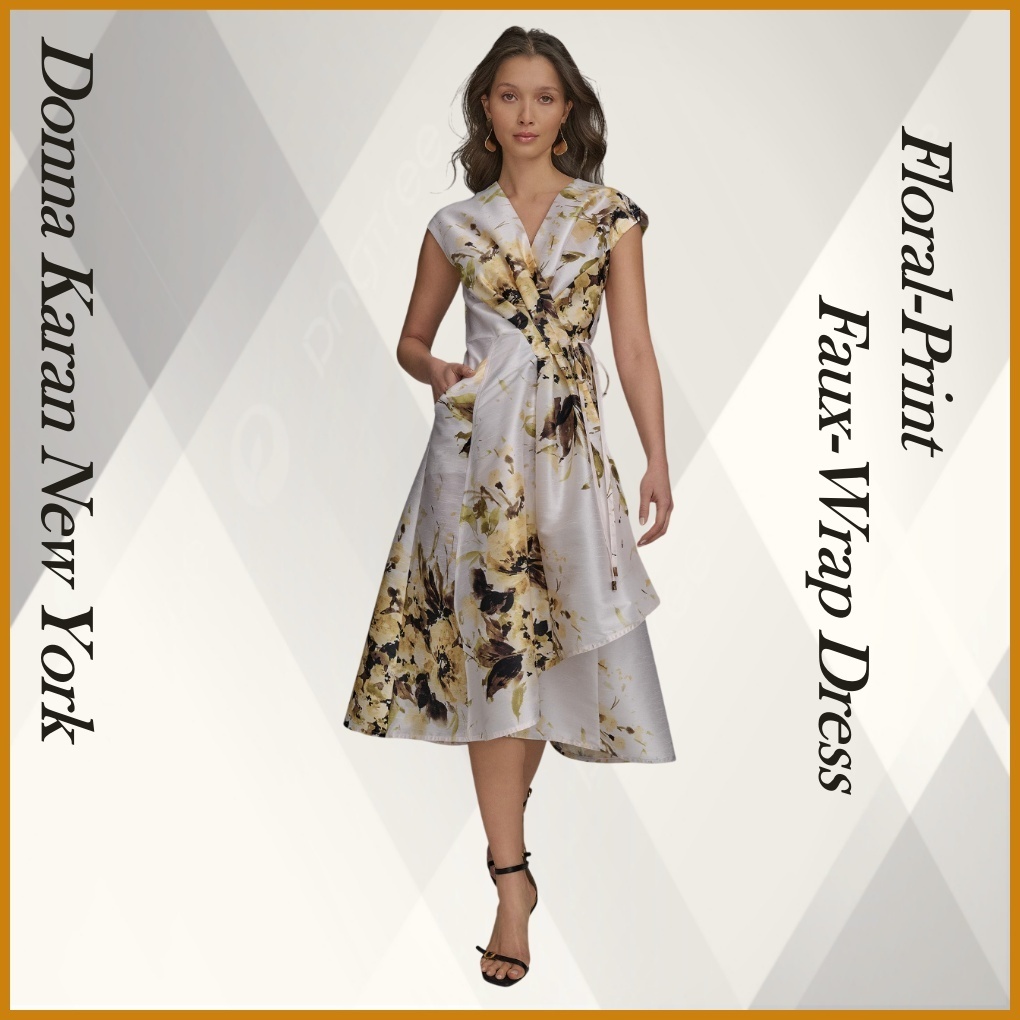 ◆Donna Karan フラワープリントフェイクラップドレス