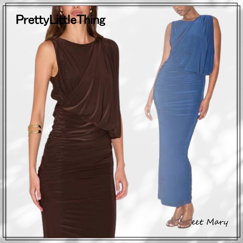 PrettyLittleThing☆スリンキードレープ ルーシュマキシドレス♪