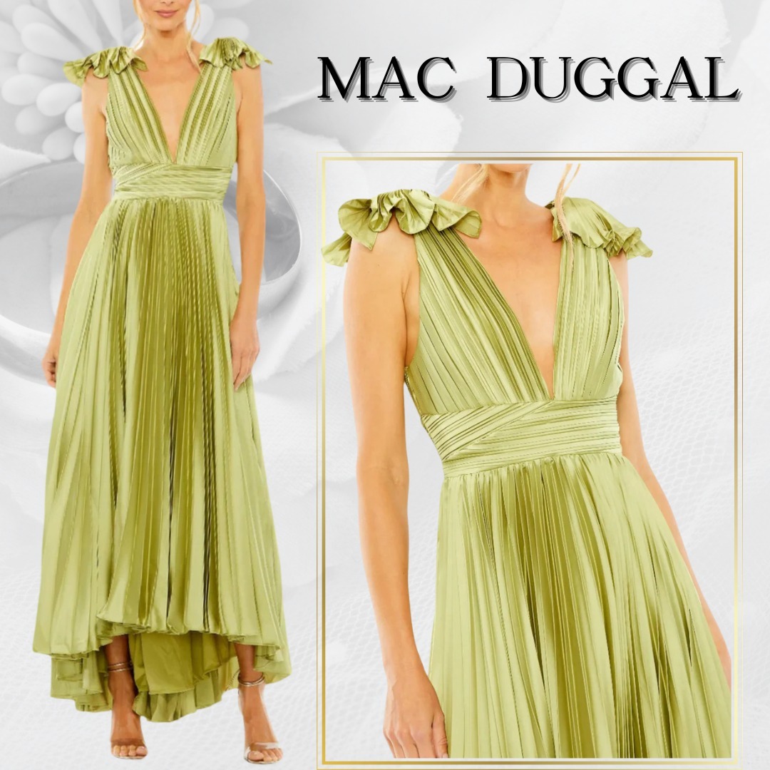 【MAC DUGGAL】ロングドレス グリーン ノースリーブ フリル 無地