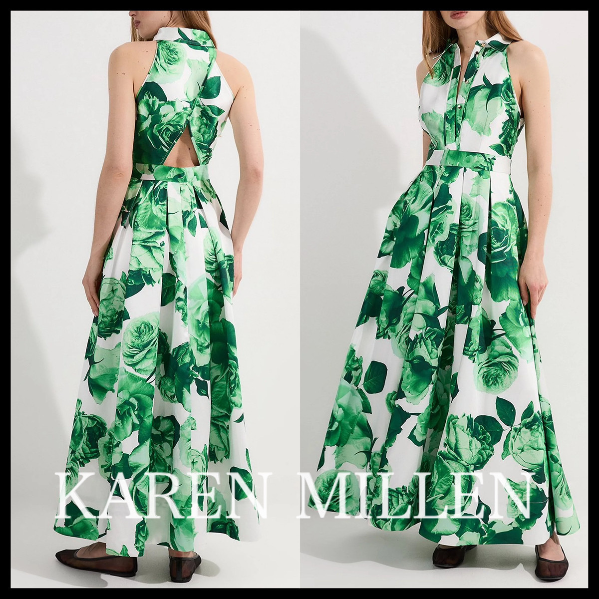 KAREN MILLEN* グリーン ローズ ツイル カラー マキシドレス