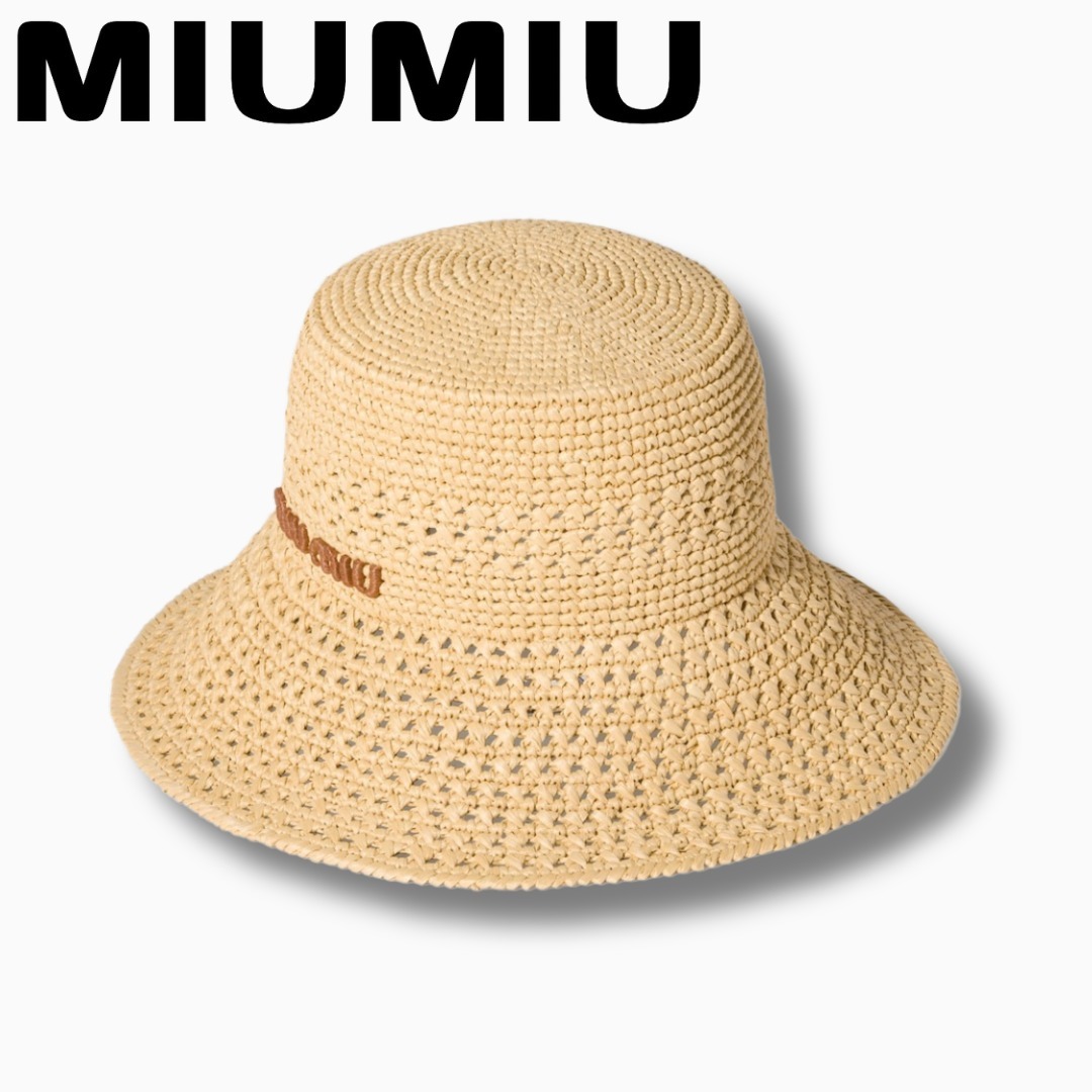 MIU MIU ロゴラベル ベージュ＆コニャック ラフィア ハット