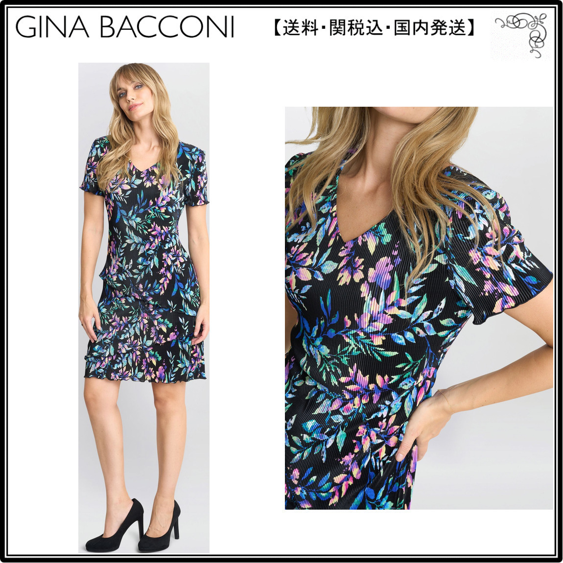 【海外限定】GinaBacconi ドレス☆Rowan Plisse Tiered Black Dr