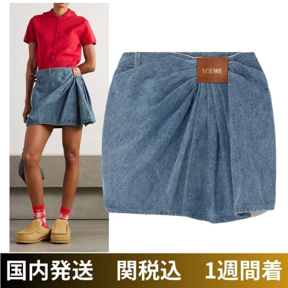 LOEWEロエベ/レザートリムのドレープデニムミニスカート