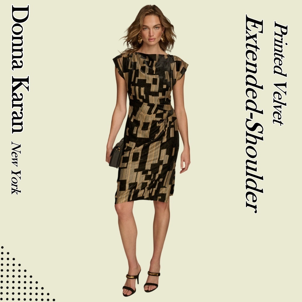 ◆Donna Karan プリントベルベットエクステンドショルダードレス