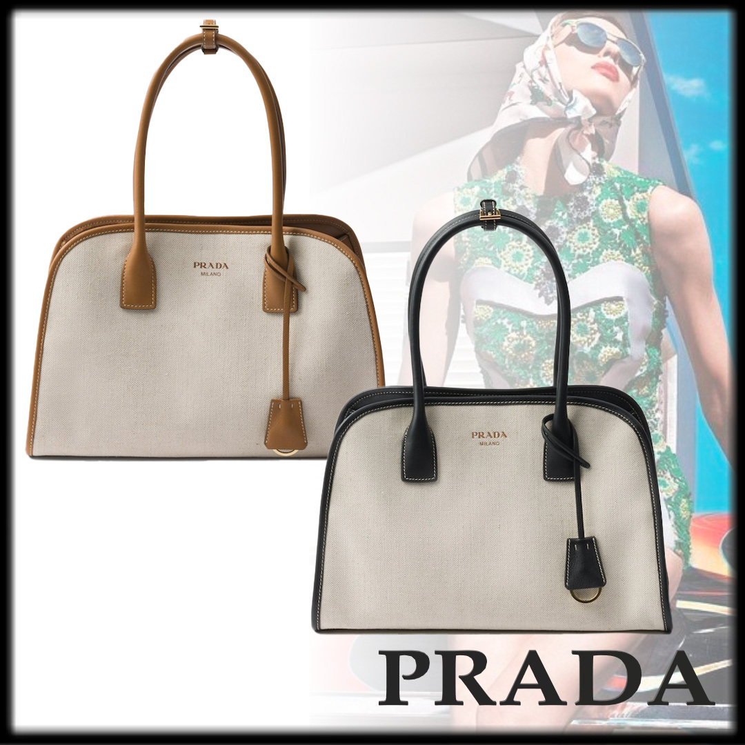 PRADA 上品 リネンブレンド&レザー トートバッグ
