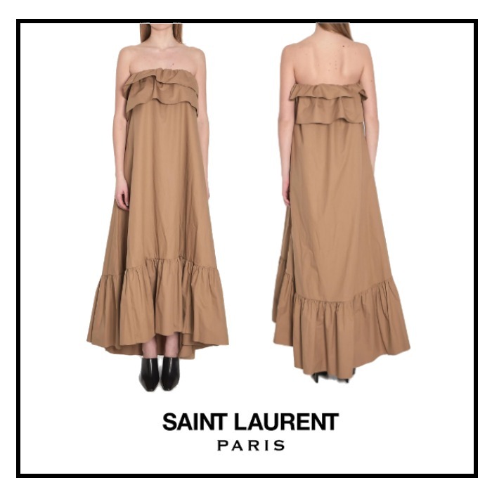 【新season】SAINTLAURENTフリル付ストラップレスマキシドレス