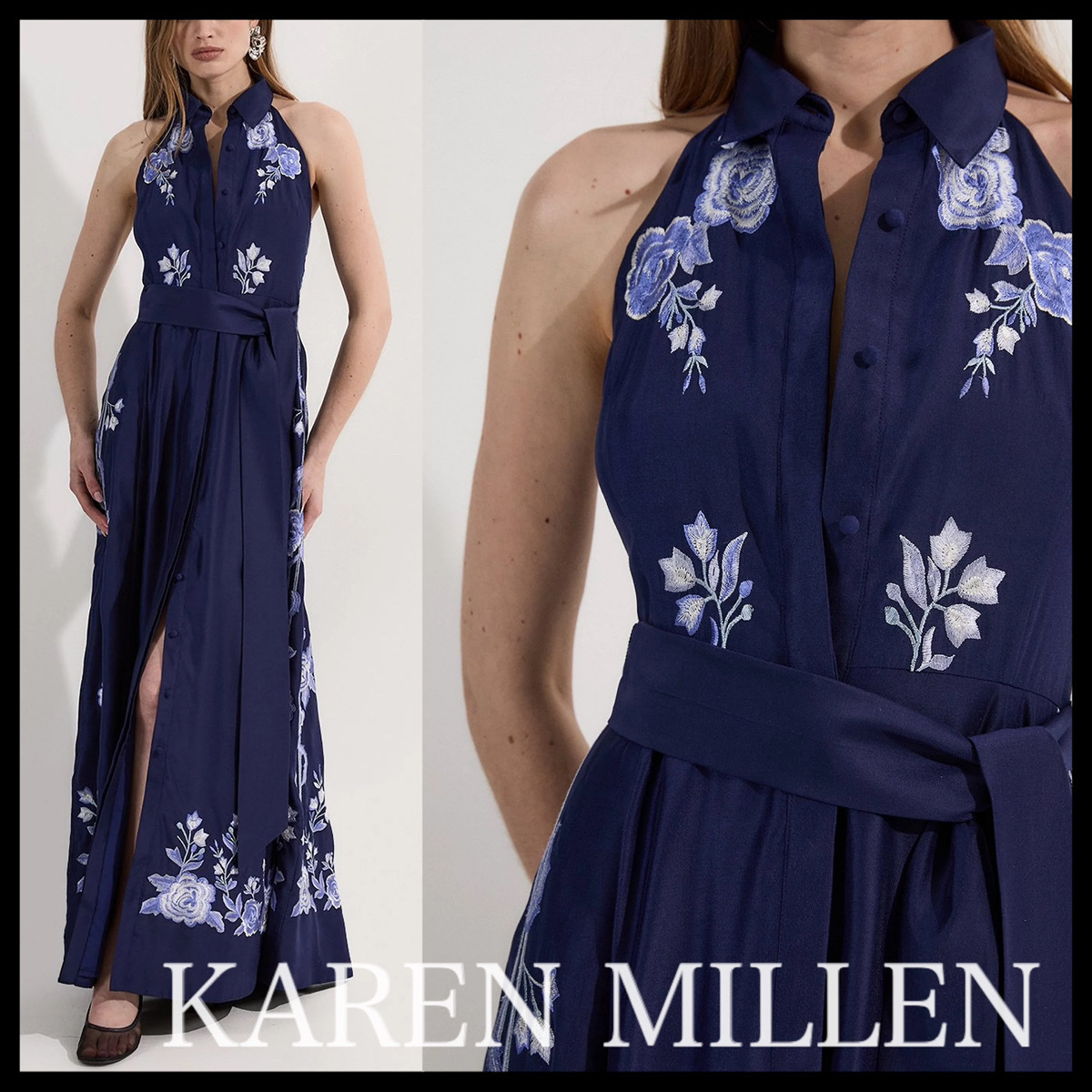 KAREN MILLEN* ローズ刺繍 コットンボイル ホルタードレス