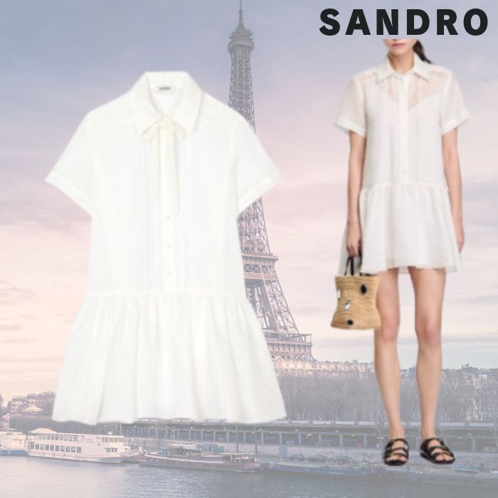Sandro レーストリミングが上品に映える、白のショートドレス