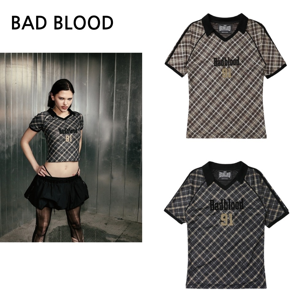 ☆BAD BLOOD☆Vintage Club V-Neck Check T-Shirt トップス