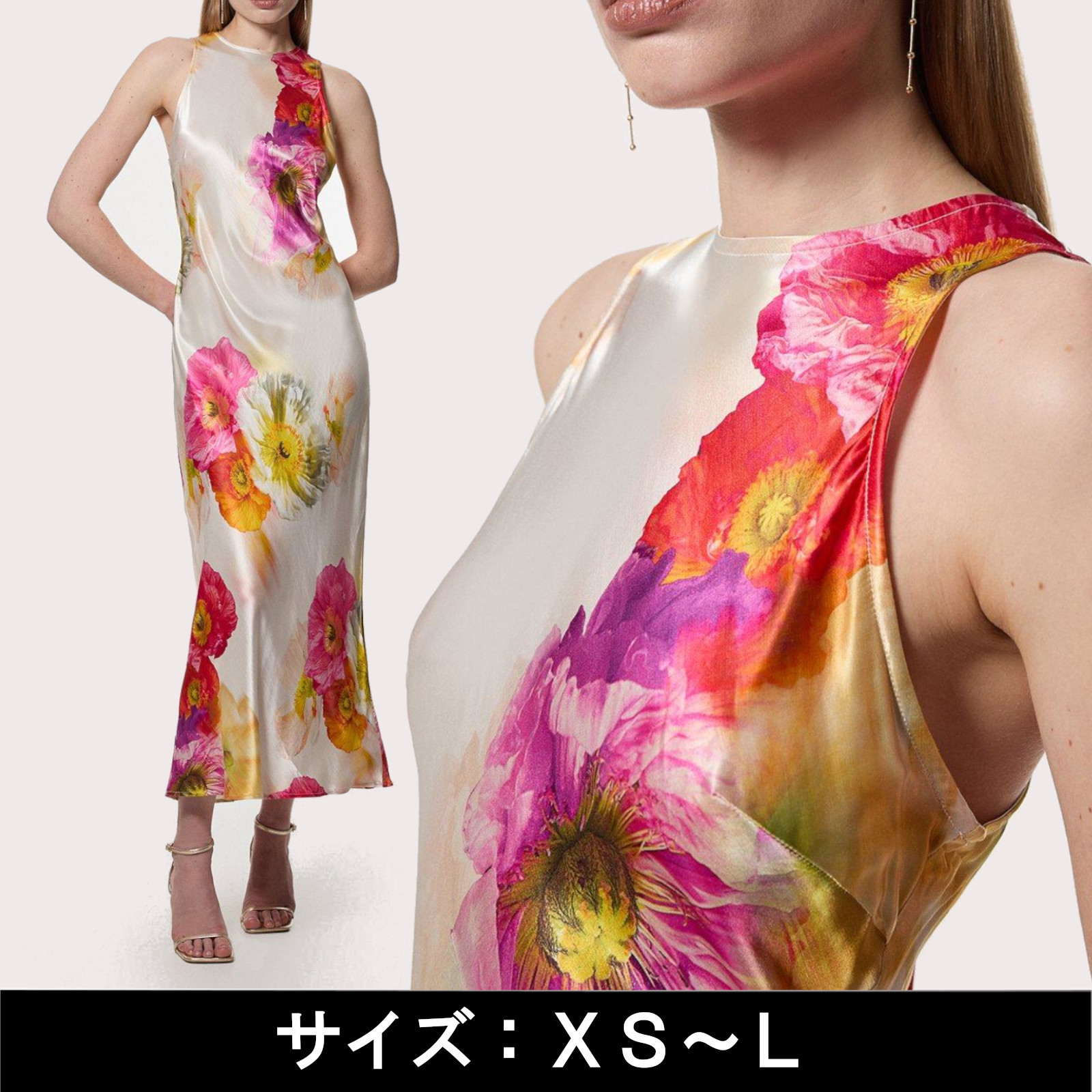 KAREN MILLEN フローラル サテン織り コラム 花柄 マキシドレス