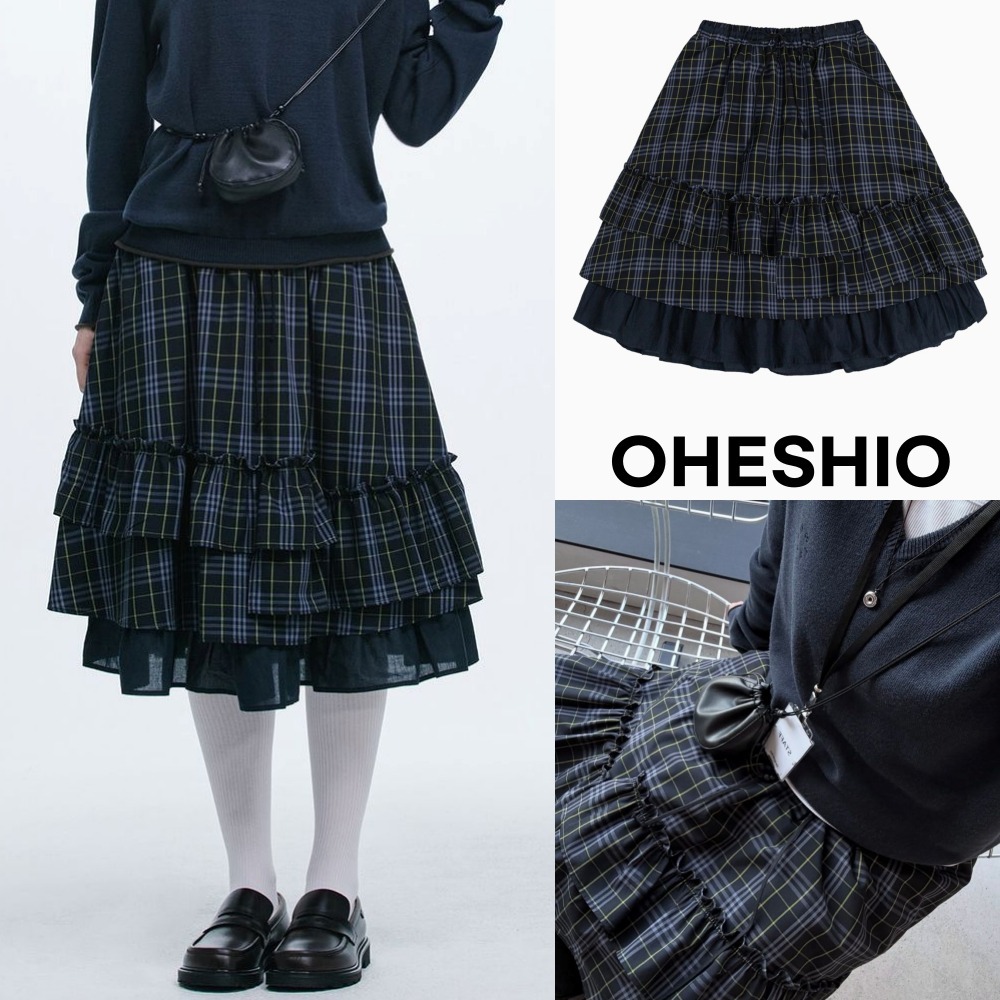 【OHESHIO】★CHECK FRILL MIDI SKIRT NAVY★25SS★人気★