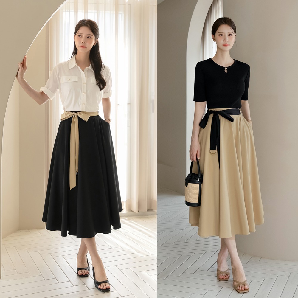 D-ring Coloring Belt Cotton Flared Skirt スカート(2 COLOR)