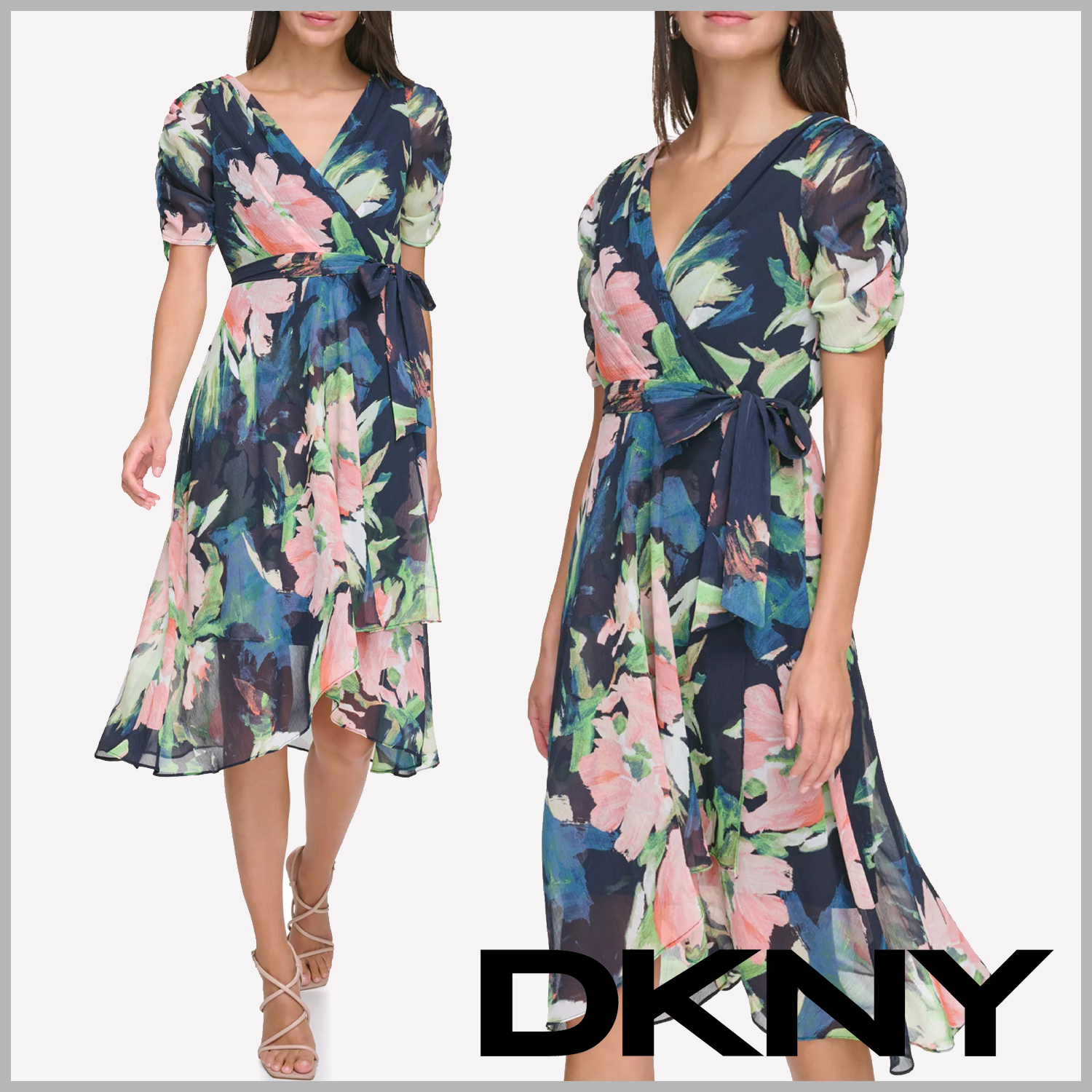 【DKNY】ネイビー花柄ミディ丈フレアワンピース