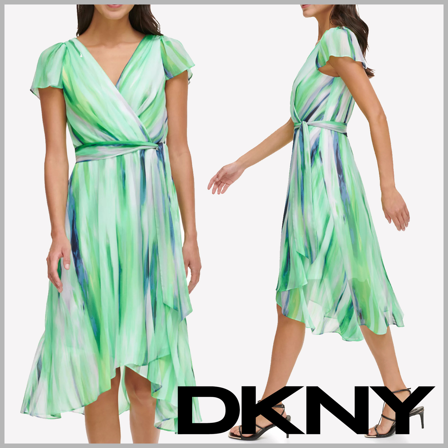 【DKNY】シフォンのミディ丈ラップワンピース