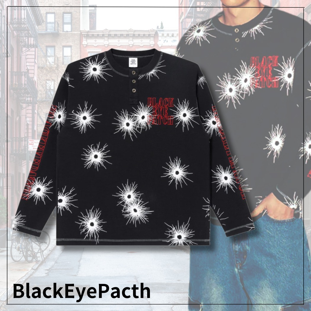 【秀逸デザイン】BlackEyePatch GUNSHOT STENCIL ヘンリーネック
