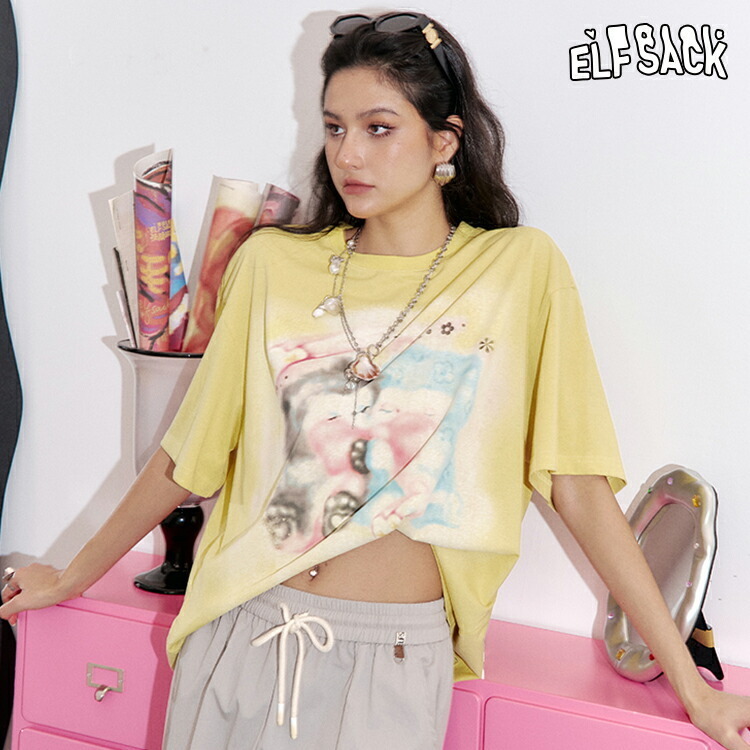 ELFSACK Tシャツ トップス 猫柄 半袖 プリント ゆったり