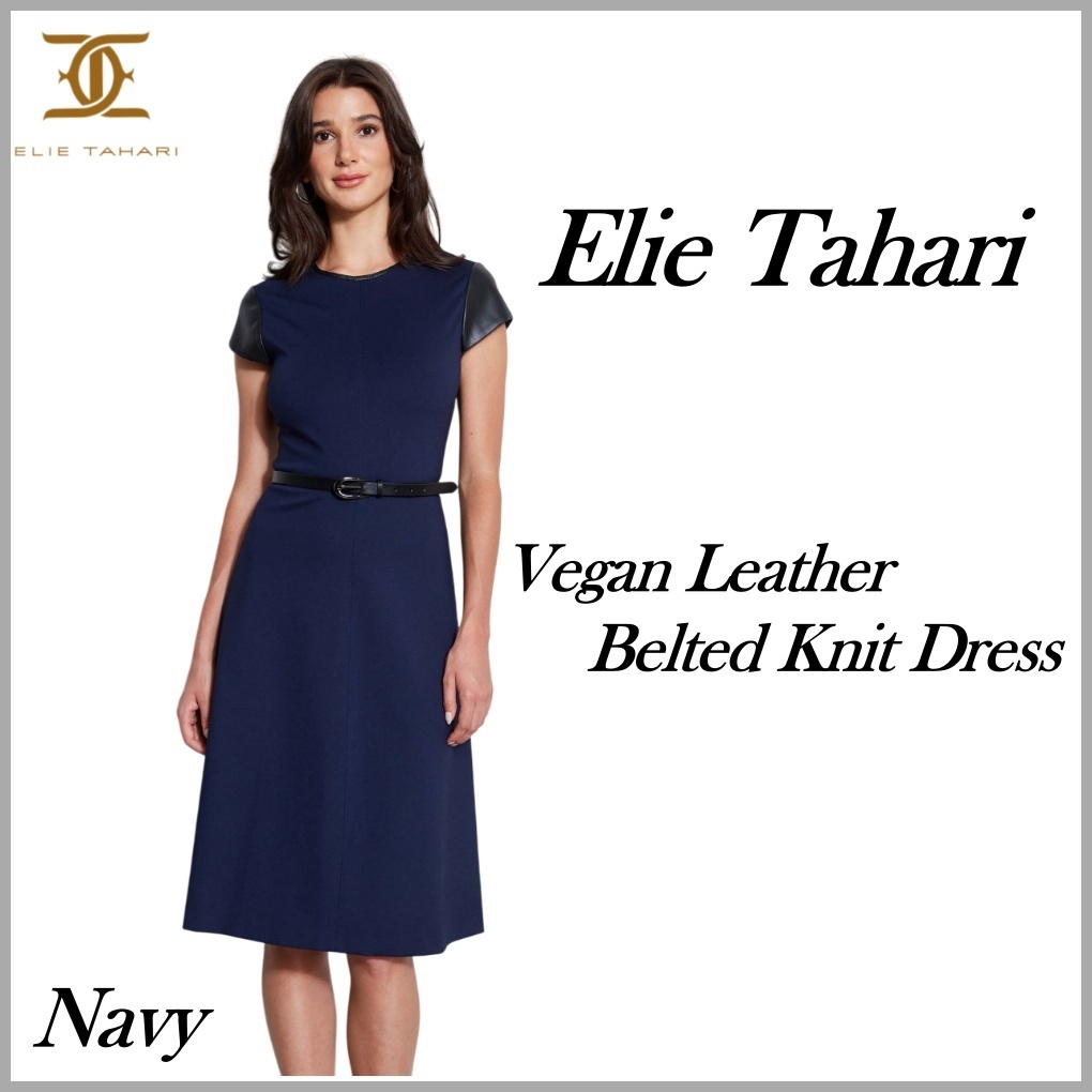 ◆ELIE TAHARI ヴィーガンレザーベルトニットワンピース