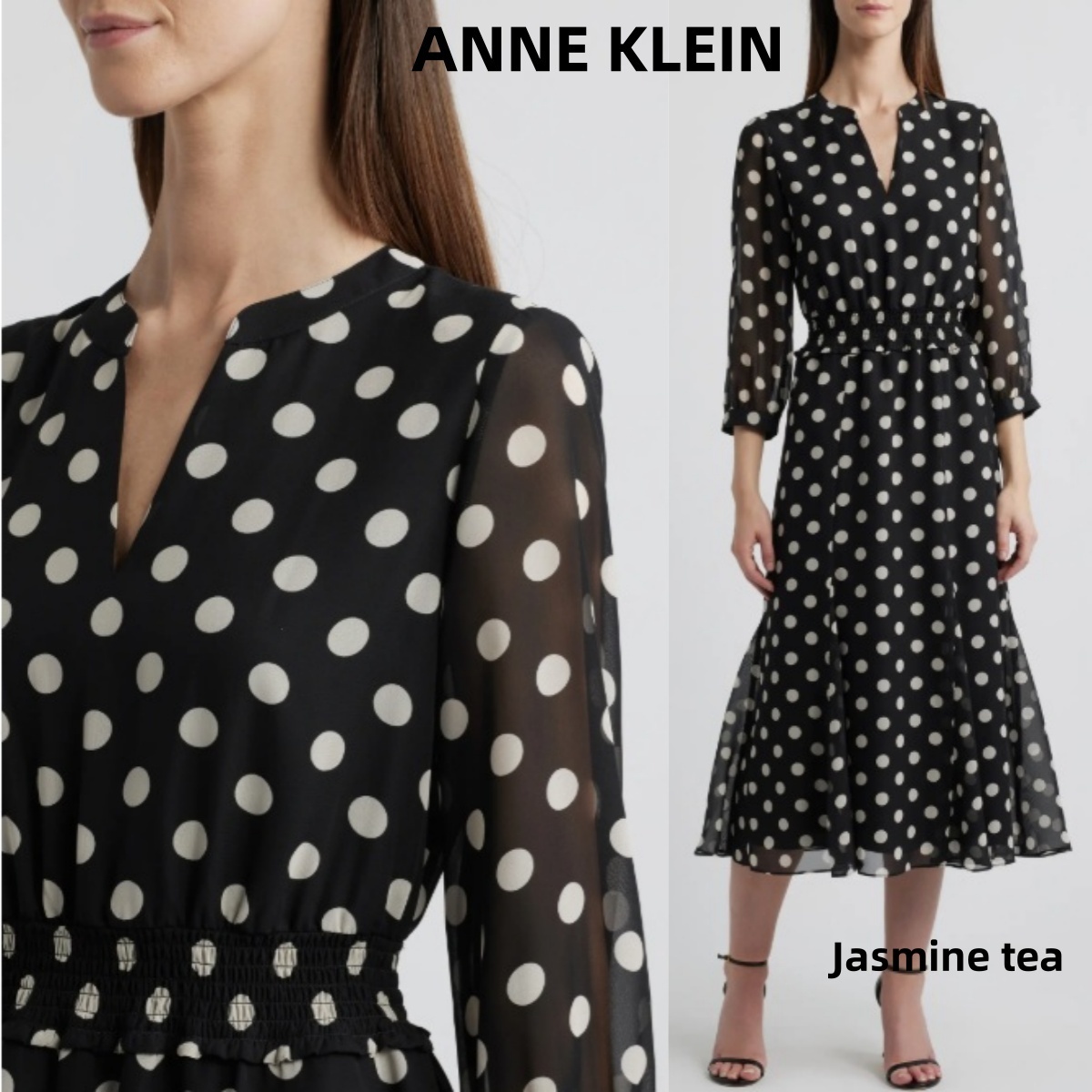 ★セール♪★ANNE KLEIN ドットスモックウエストミディドレス★