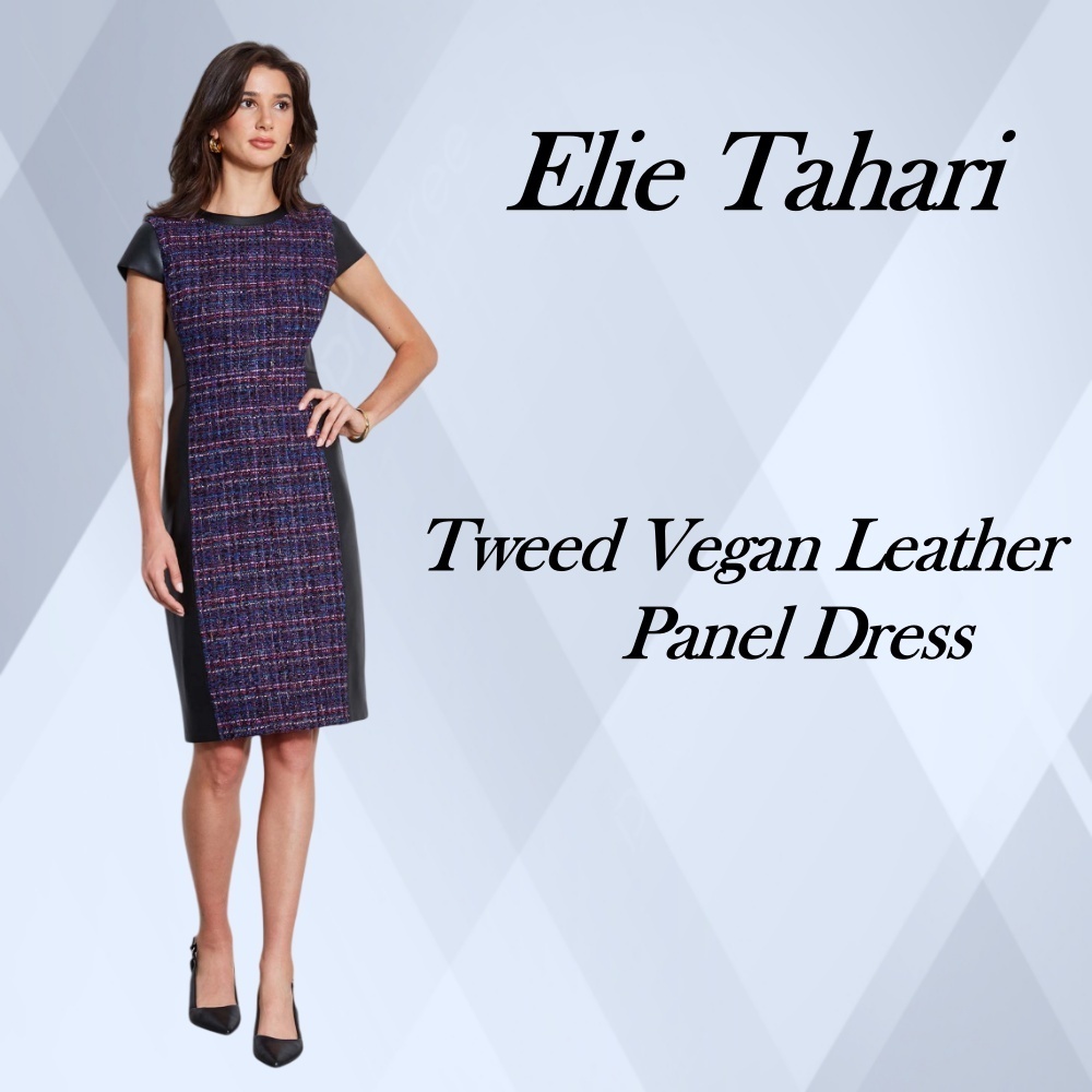 ◇ELIE TAHARI ツイード ヴィーガン レザー パネル ワンピース