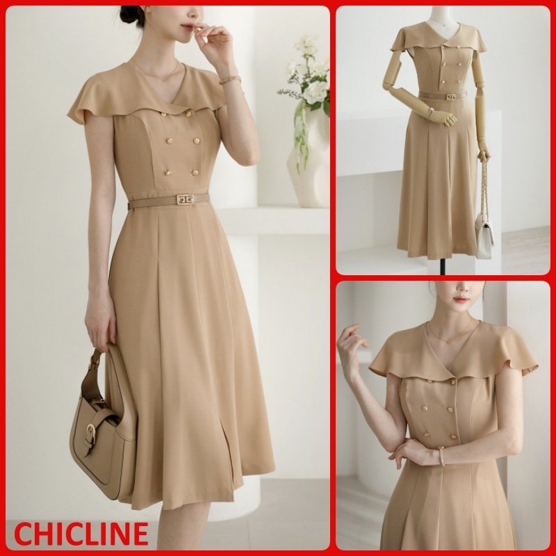 結婚式/オフィス★CHICLINE★ウイングカラーベルトワンピース