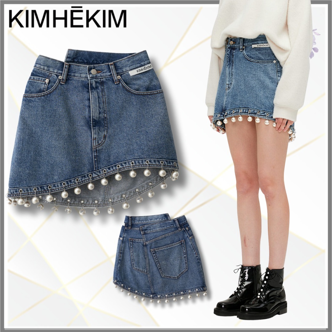 【KIMHEKIM】パールトリムデニムミニスカート（スカイブルー）