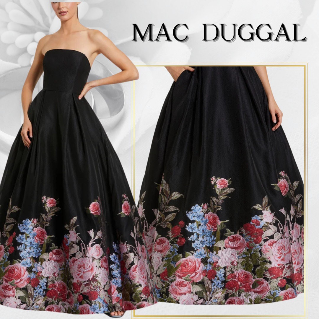 【MAC DUGGAL】ロングドレス 黒 Aライン ストラップレス 花柄