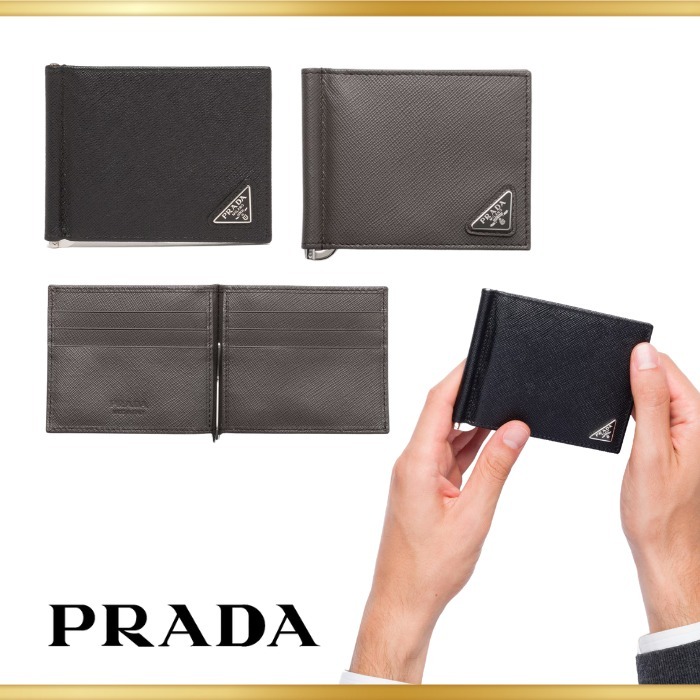 【PRADA】マネークリップ付サフィアーノライアングル 2つ折財布