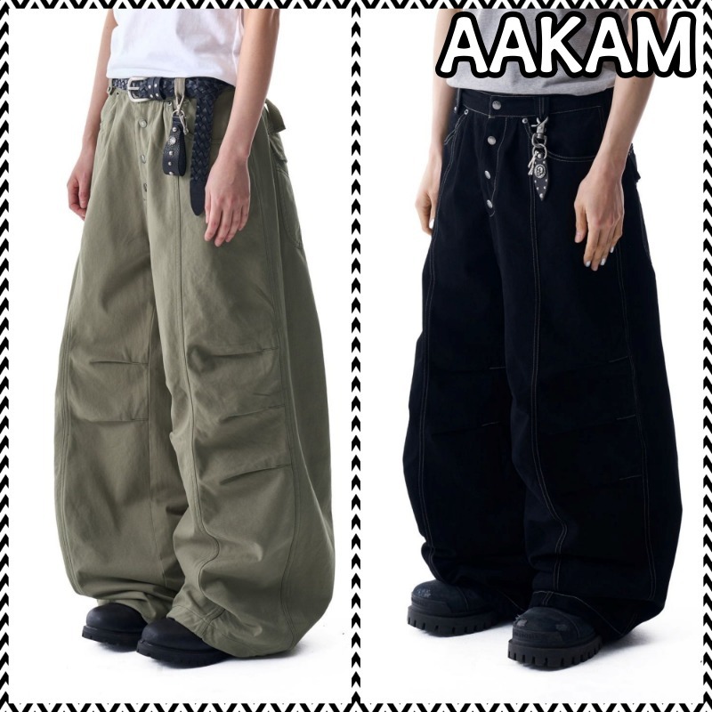 ●AAKAM● Knee Pin-tuck Studded Cotton Pants