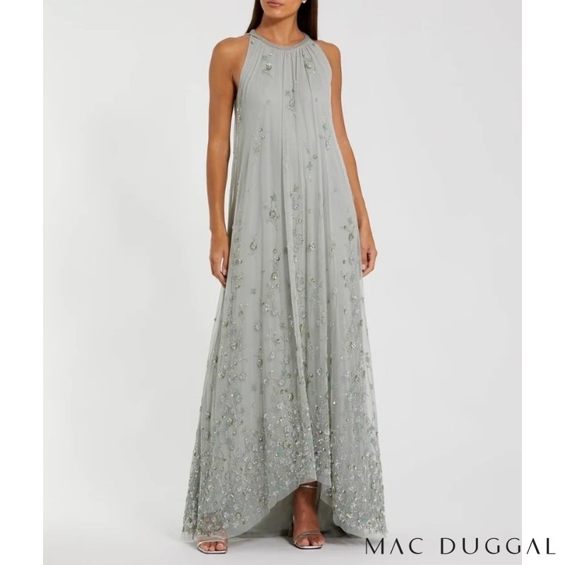 MAC DUGGAL 大きいサイズあり Aライン 装飾メッシュロングドレス