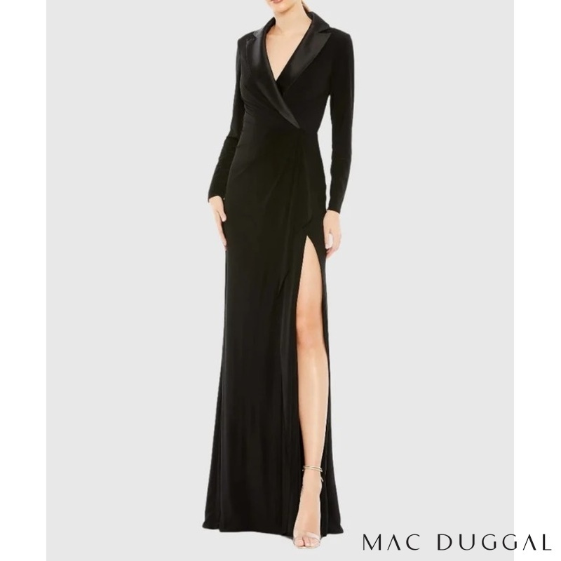 MAC DUGGAL タキシードスタイル Vネック ロングドレス 黒