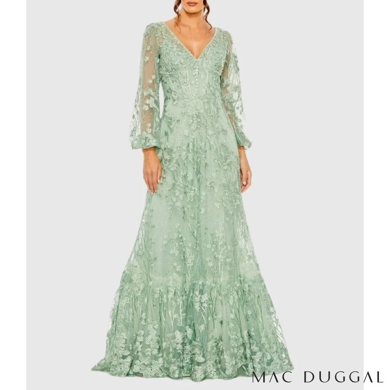 MAC DUGGAL 花柄レースパフスリーブAラインロングドレス