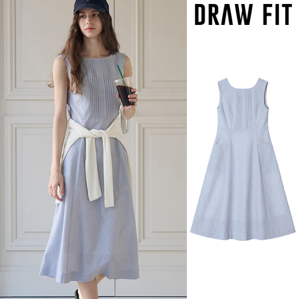 ★DRAW FIT★ ピンタック ノースリーブ ロング ワンピース