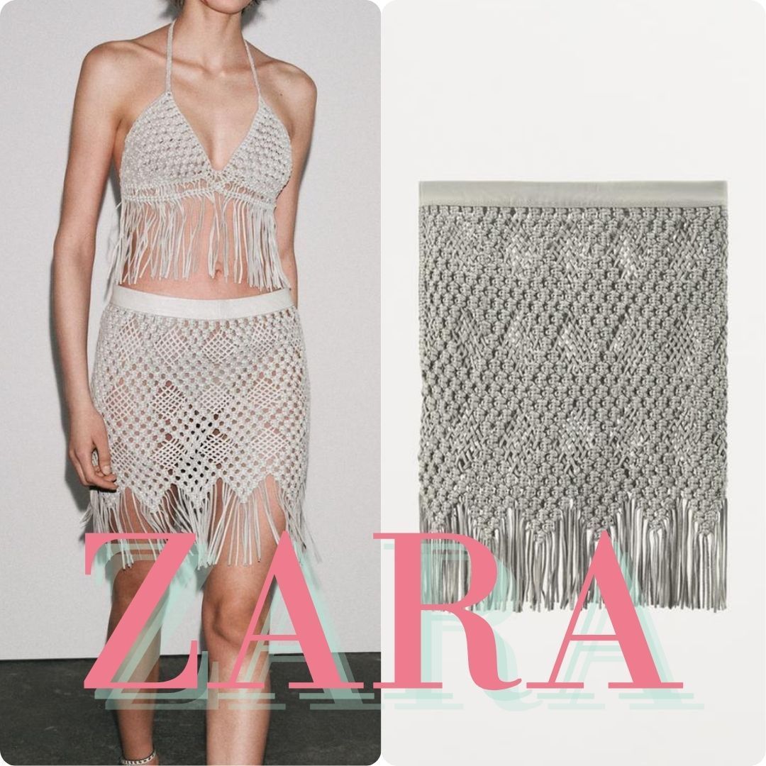 ZARA フリンジ付き100%レザー編み込みスカート 6098/506