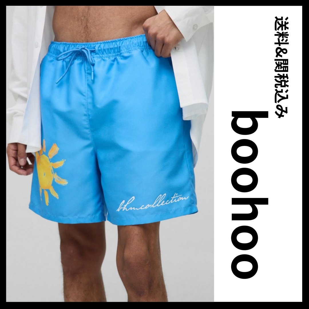 《boohoo》ミドル丈サングラフィックスイムショーツ