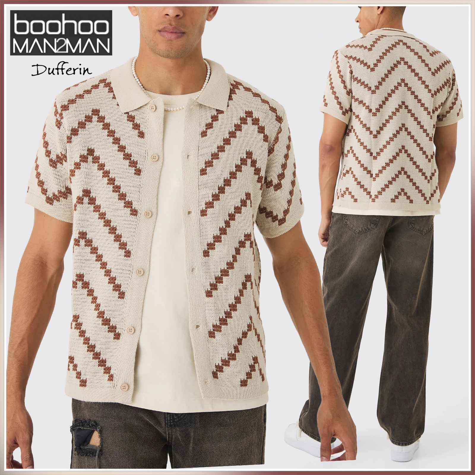 boohoo MAN 半袖 ボタン ボーダー ニット シャツ カーディガン