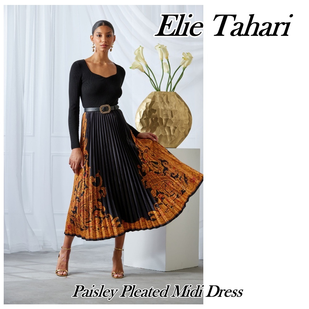 ◆ELIE TAHARI ペイズリープリーツミディワンピース