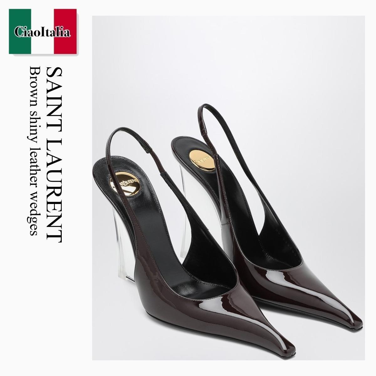 パンプス Saint Laurent Brown Shiny Leather Wedges