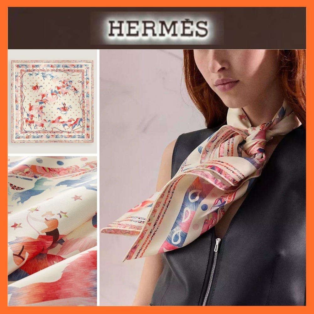 人気☆【HERMES】カレ 90 Les Mustangs Marble Silk スカーフ
