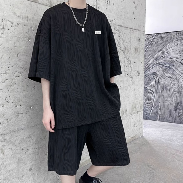 メンズ セットアップ 上下 薄手 型押し スウェット 半袖Tシャツ