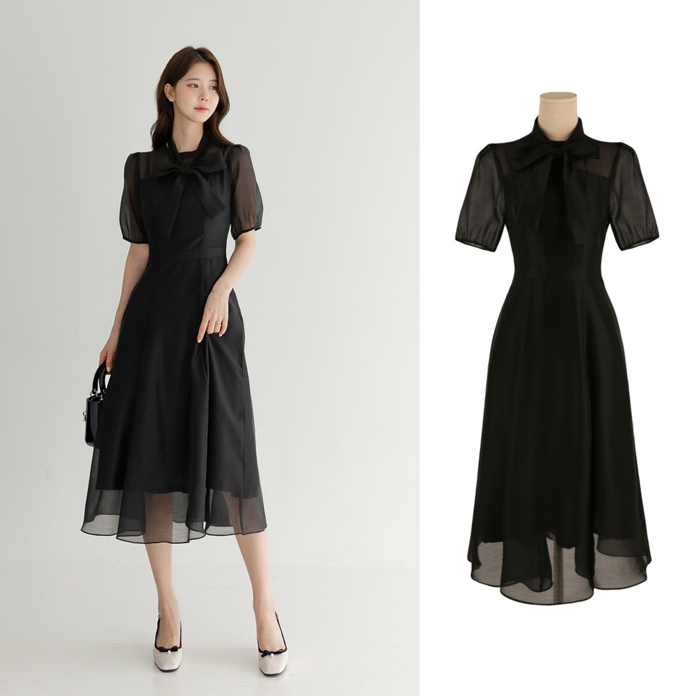 Daymin Scarf Tie See-Through Chiffon Flared Dress ワンピース