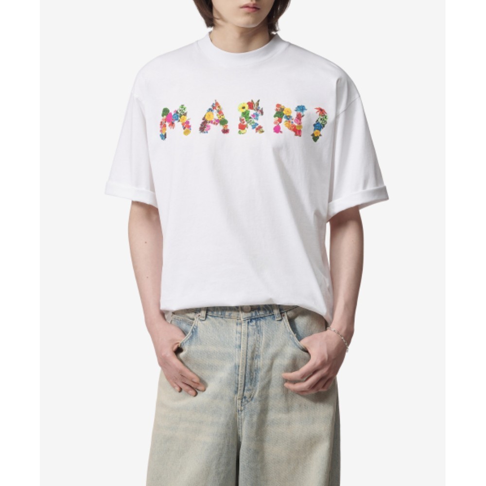 ■MARNI■ Floral Print Logo Short Sleeve T-Shirt Lily White
