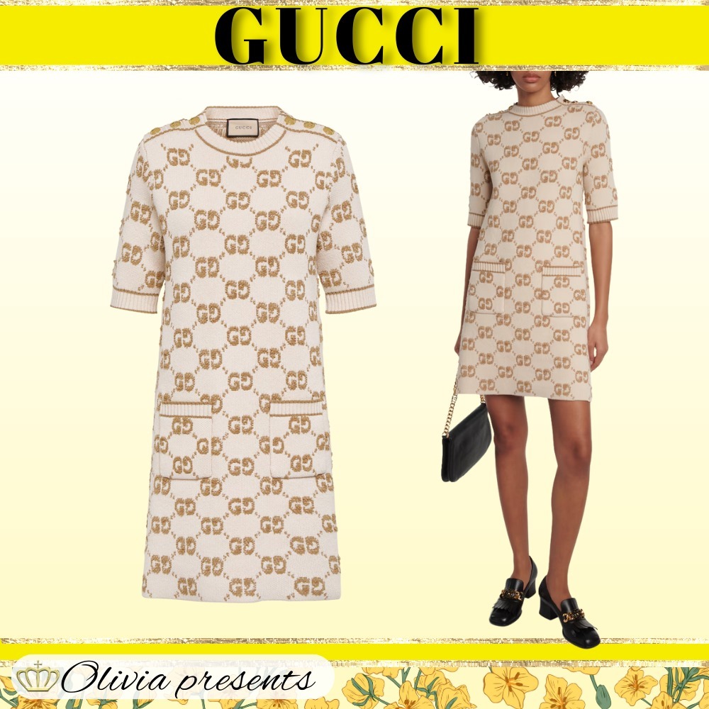 【GUCCI】GG ジャカード ウール ブークレ ミニドレス